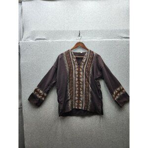 Vintage Boho-Inspired Brown Tunic Top With Tribal Embroidery 3/4 Sleeves V-Neck